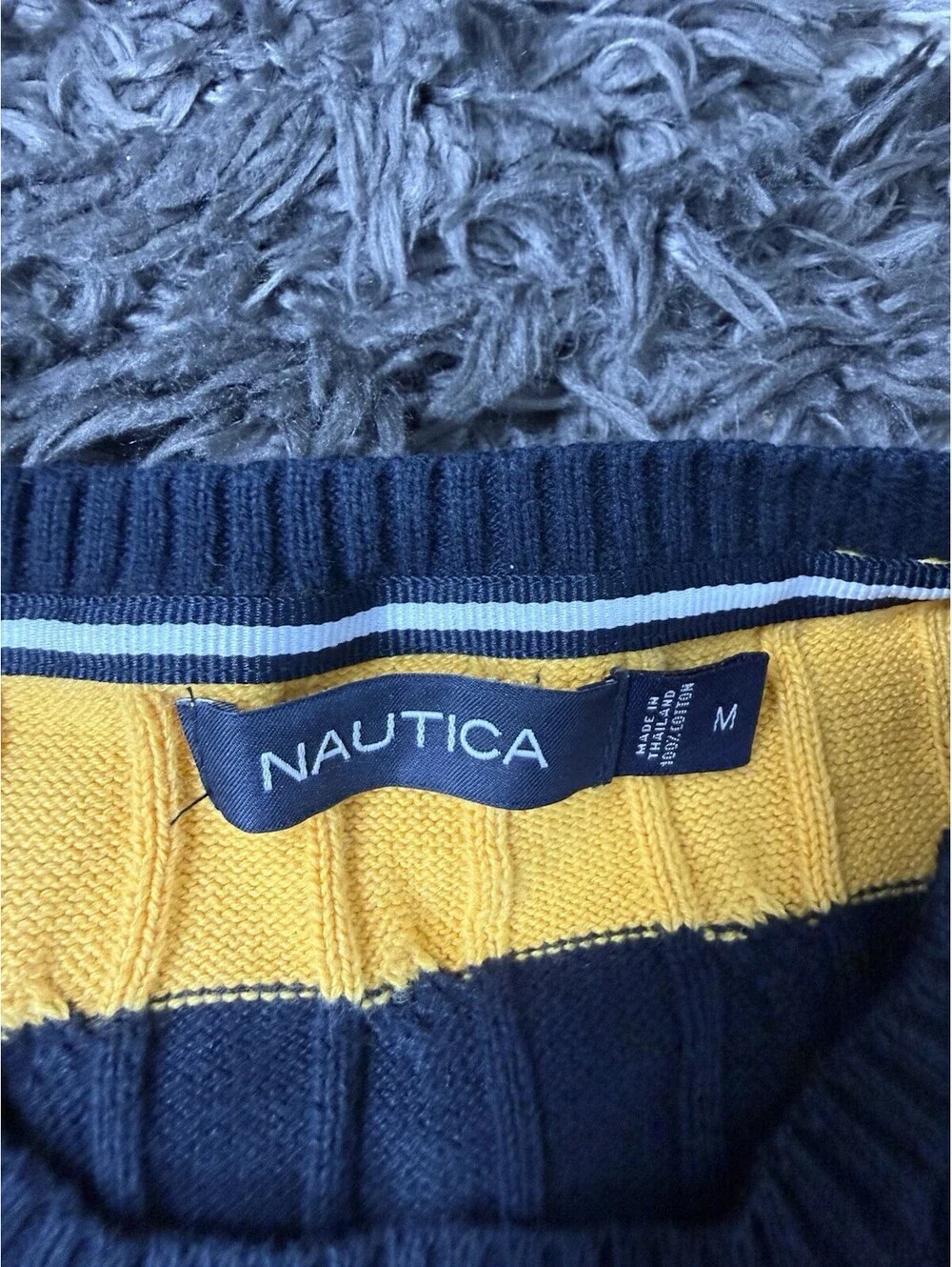Nautica Men Medium Cable Knit Sweater Yellow Blue Striped Medium Crewneck